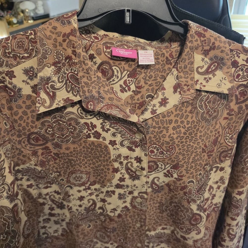 Pappagallo Womens Copper Brown Paisley Lined Long Sleeve Blouse Jacket 2X - Picture 2 of 7